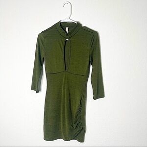 PRIMI Dark Army Green Keyhole Neckline Long Sleeve Asymmetrical Mini Dress Small